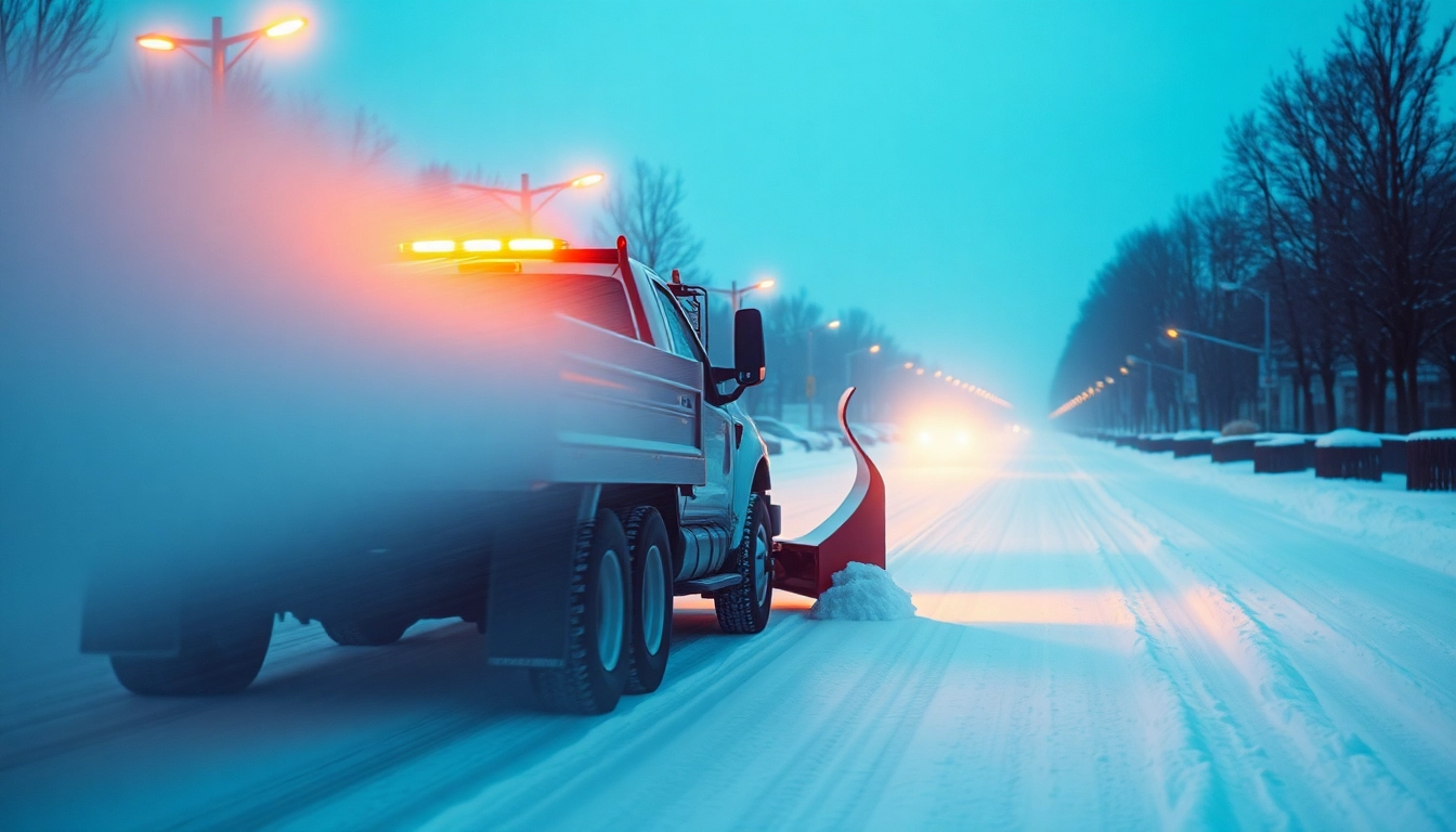 Snow plowing truck clearing a neighborhood street, demonstrating effective snow removal process.