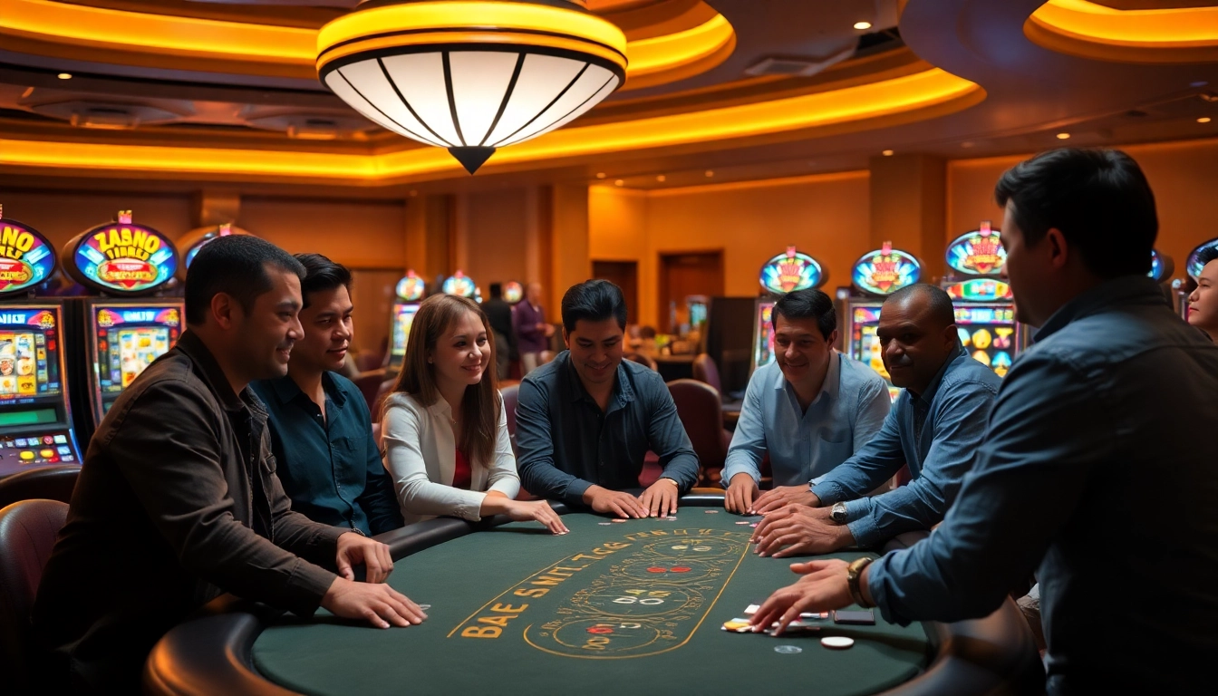 Earn money Casino activity with enthusiastic players winning at blackjack tables, showcasing vibrant casino interior.