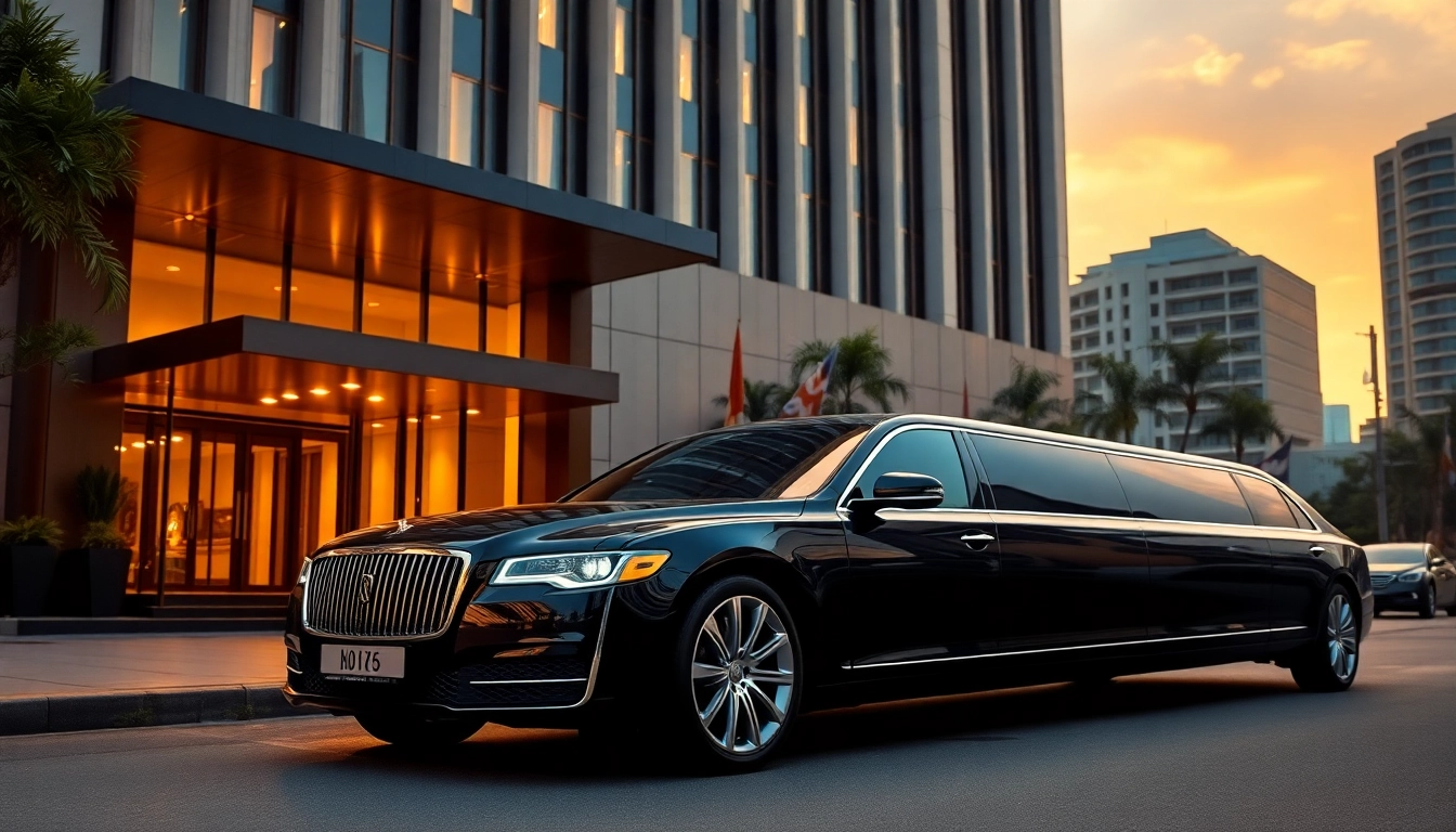 Experience the luxury hire car with driver Manila, featuring a sleek limousine against a Manila backdrop.