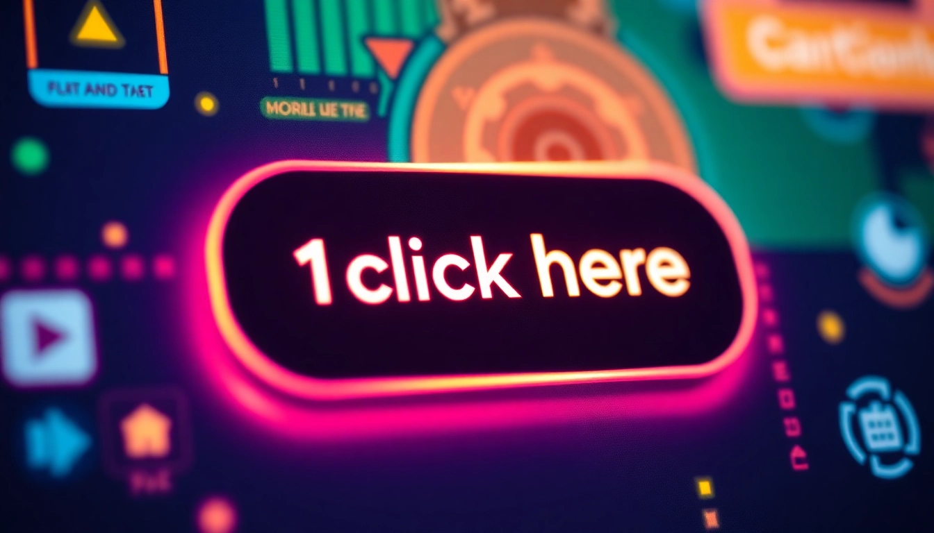 Clickable '1click here' button stands out in a vibrant digital layout, inviting user interaction.