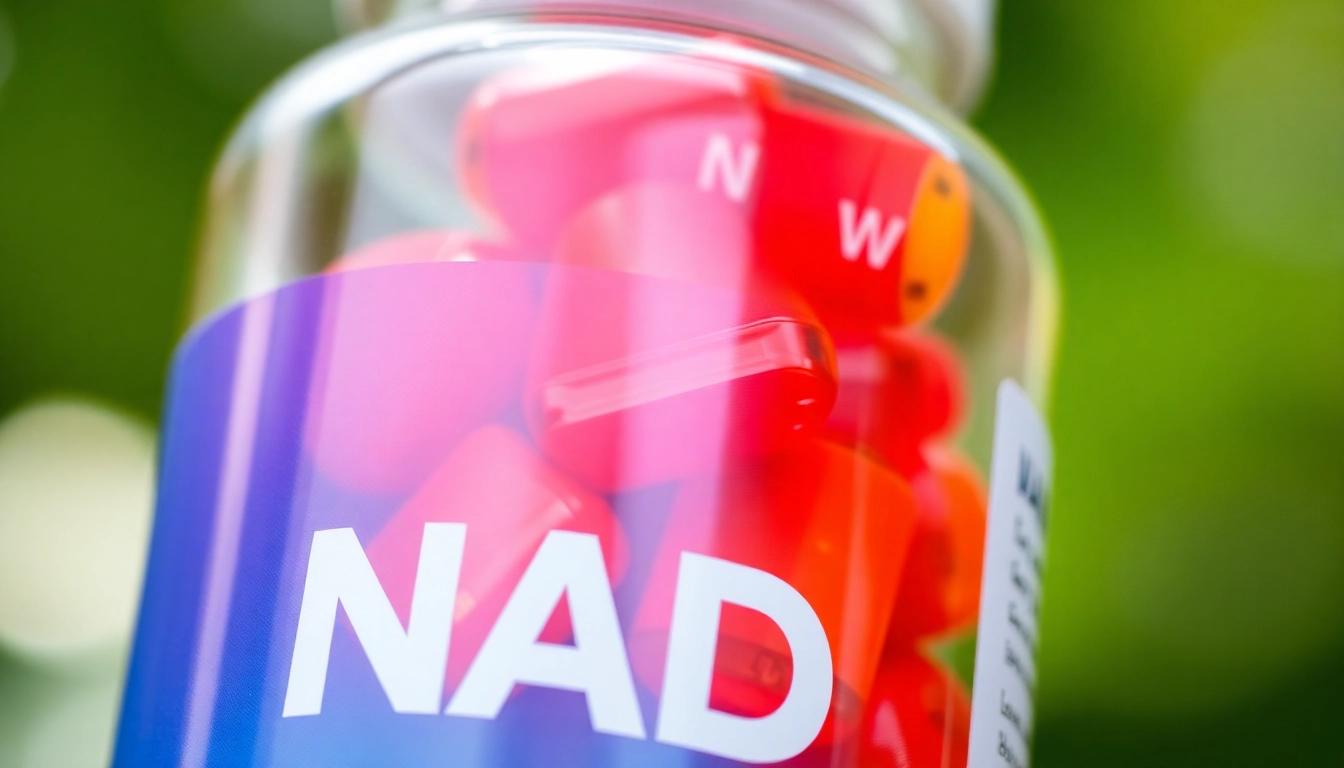 Brightly colored NAD Supplement capsules displayed in a clear bottle, emphasizing their health benefits.