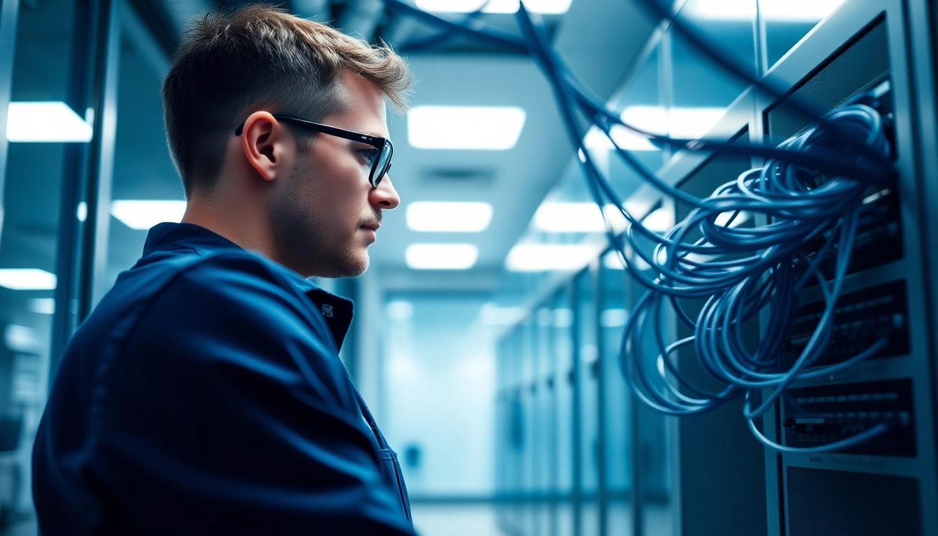 Technician performing a Data Cable Installation service in a modern office space.