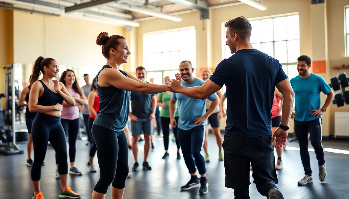 Effective Personal Trainer guiding a diverse group during an energizing workout session in a modern gym.