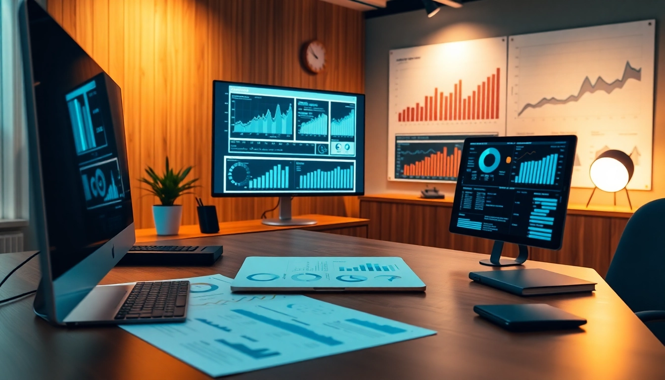 Analyze competitive intelligence services through data visualization charts on a professional desk.