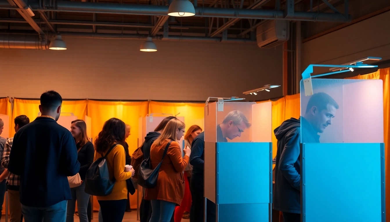 Engaged voters participating in an AI Opinion poll at a modern polling booth, showcasing diversity and democracy.