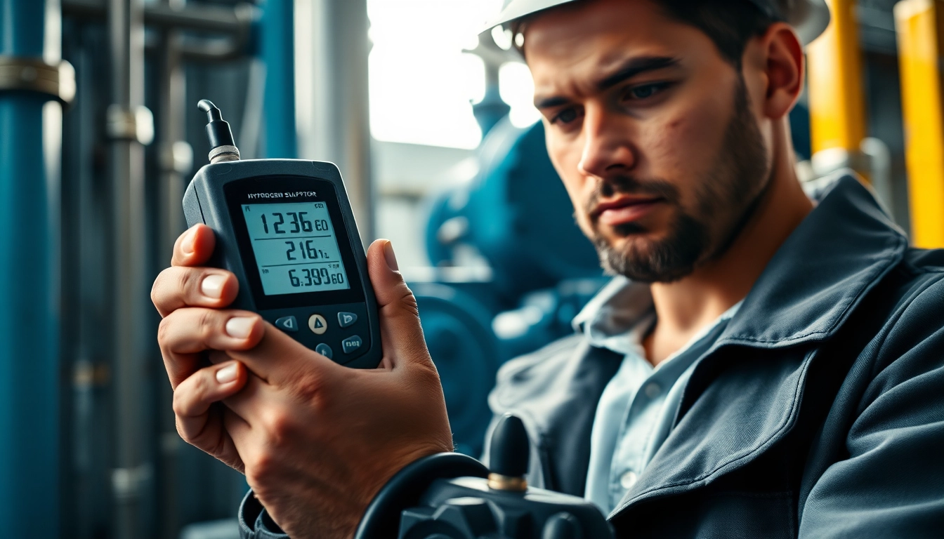 Technician performing Hydrogen Sulfide detection with advanced gas detector in an industrial setting.