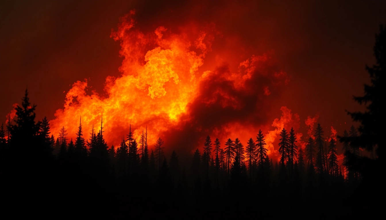 Depicting wildfire events, flames engulfing a forest and animals fleeing amidst dark smoke.