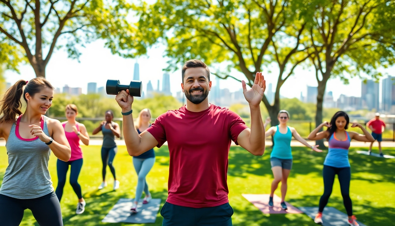 Personal Trainer for Sports Jersey City energizing clients in a lively park setting.