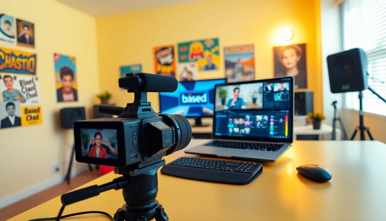 Showcasing the "Based Chad" YouTube channel creator in a vibrant home studio setting.