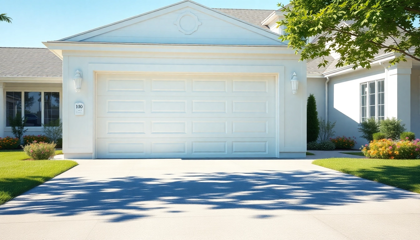 Elevate your home with a beautiful white garage door beside a lush green lawn.