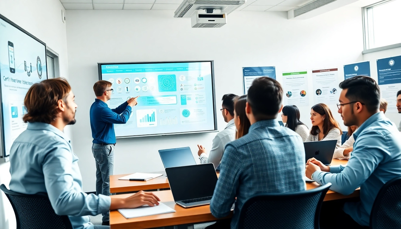 Engaging cybersecurity certifications training session with diverse learners and tech tools.
