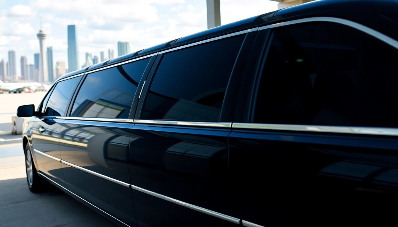 Limo service Houston airport: Elegant black limousine waiting outside Houston airport with a sleek city backdrop.