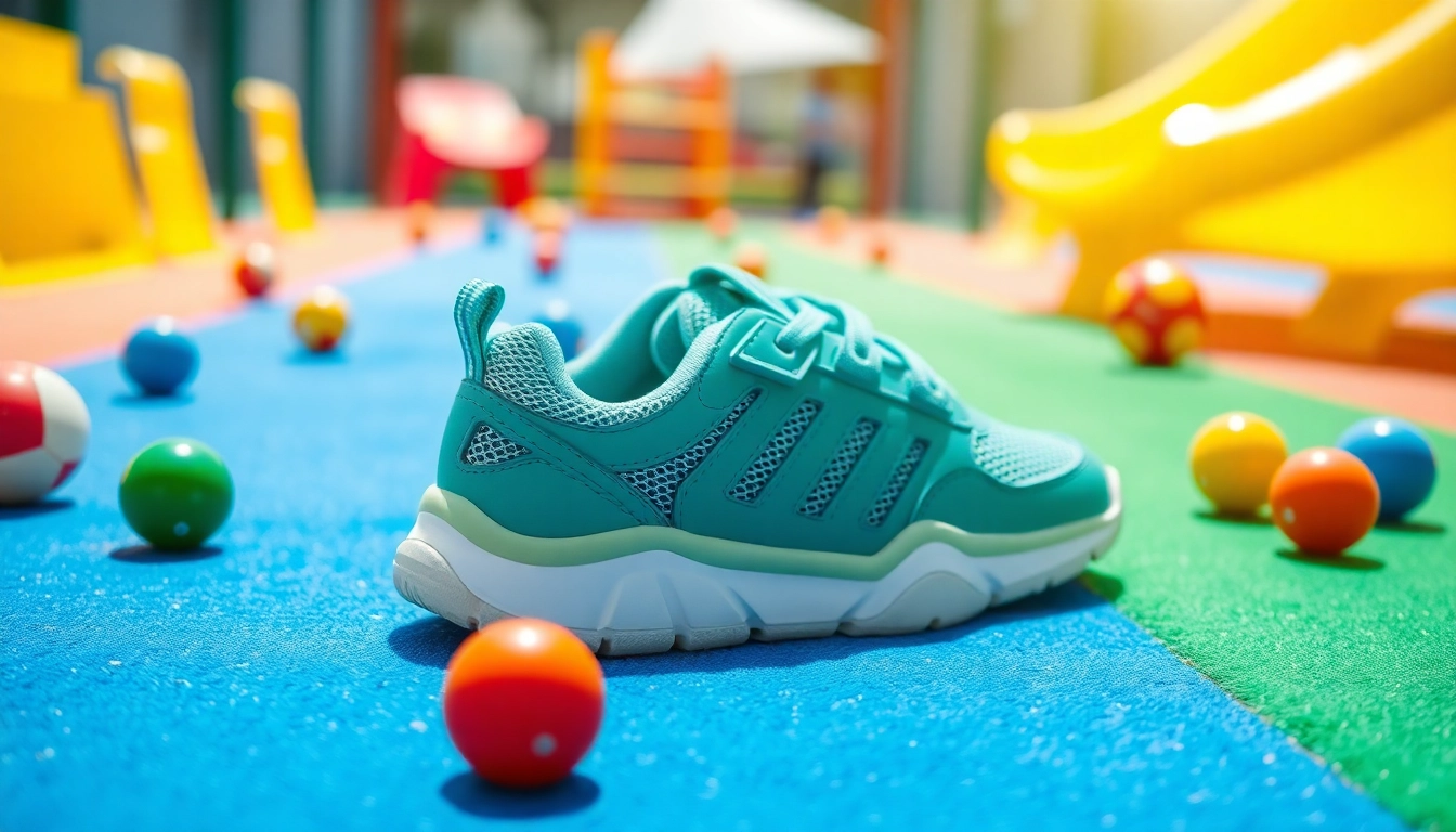 Atmungsaktive Kinderschuhe auf einem bunten Spielplatz, die zur aktiven Nutzung anregen.