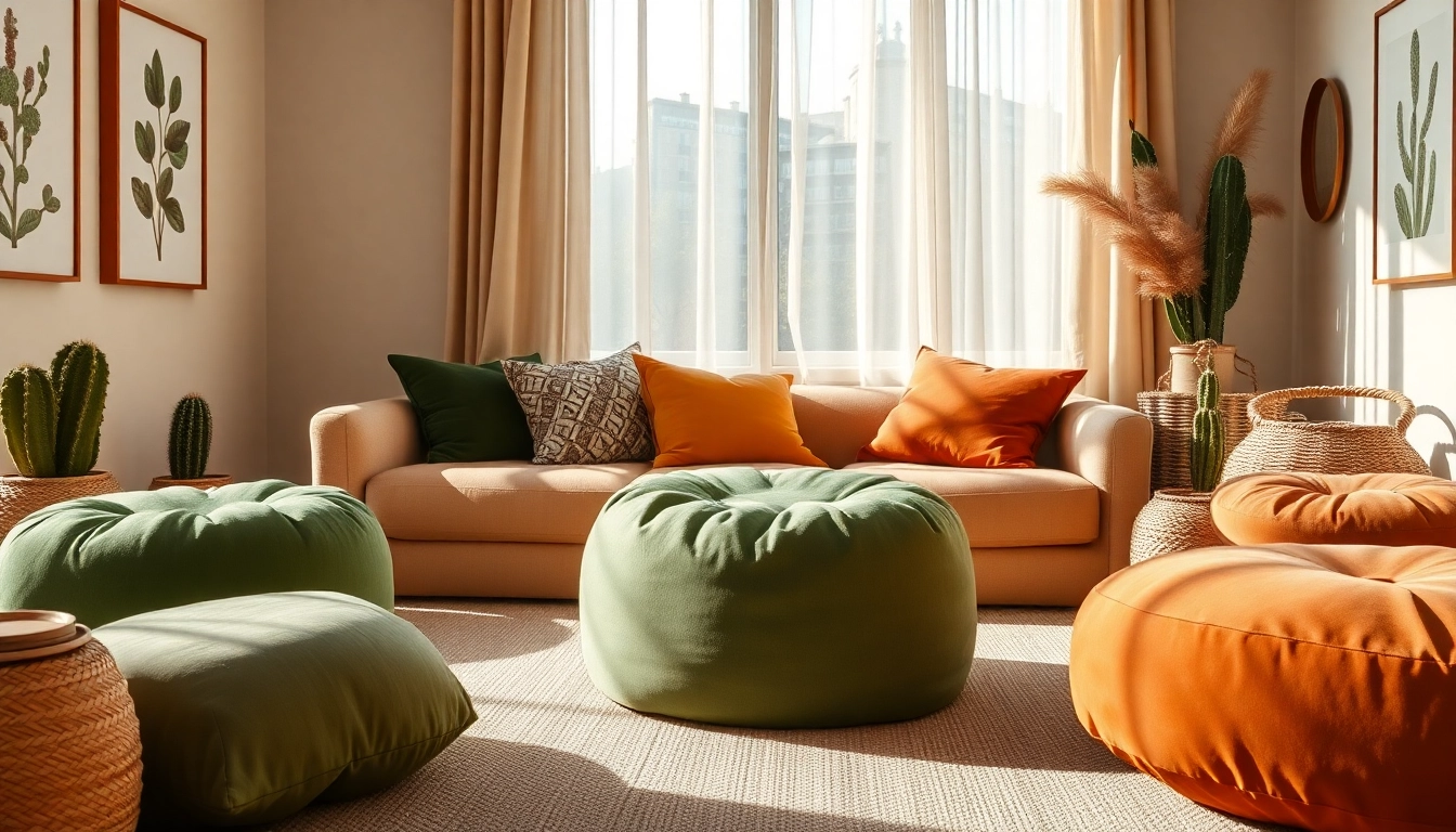 Cactus silk Poufs featured in a cozy living room with natural sunlight and stylish decor.