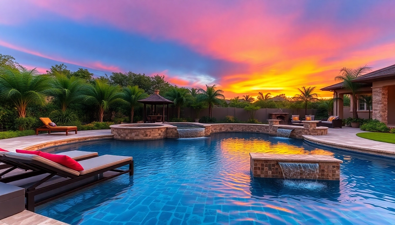 Elegant custom pool design with waterfall and lounge area in a serene backyard setting.