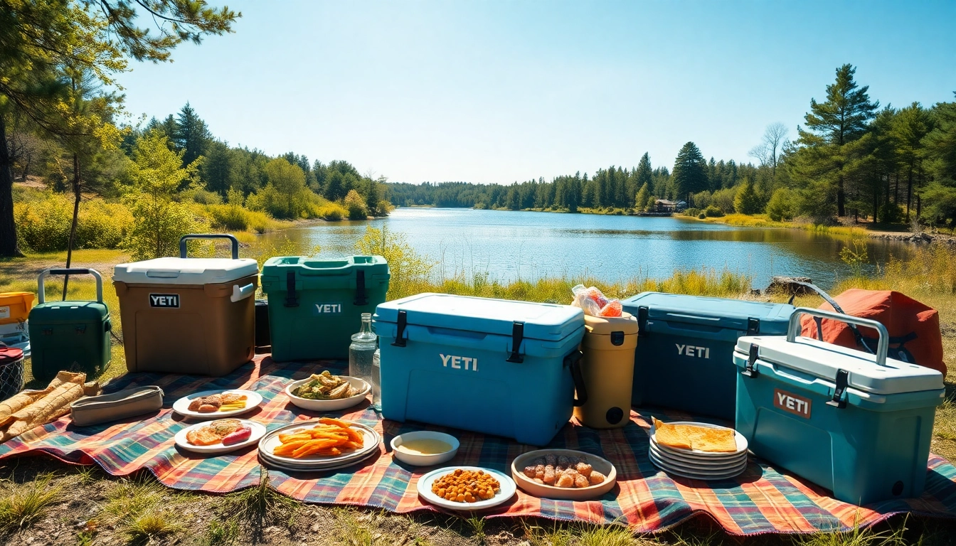 Compare cooler brands like Yeti in a vibrant outdoor picnic setting with colorful coolers and food.