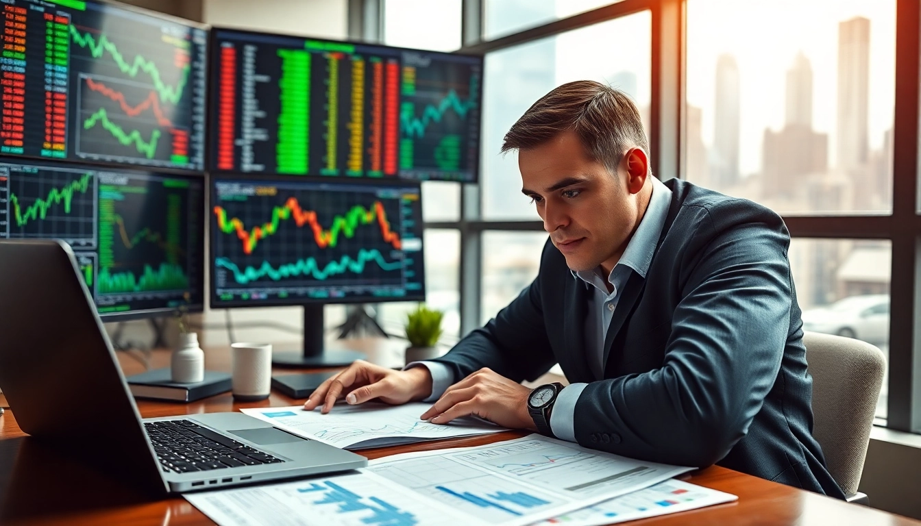 Traders analyzing trade futures data in a modern urban office environment.
