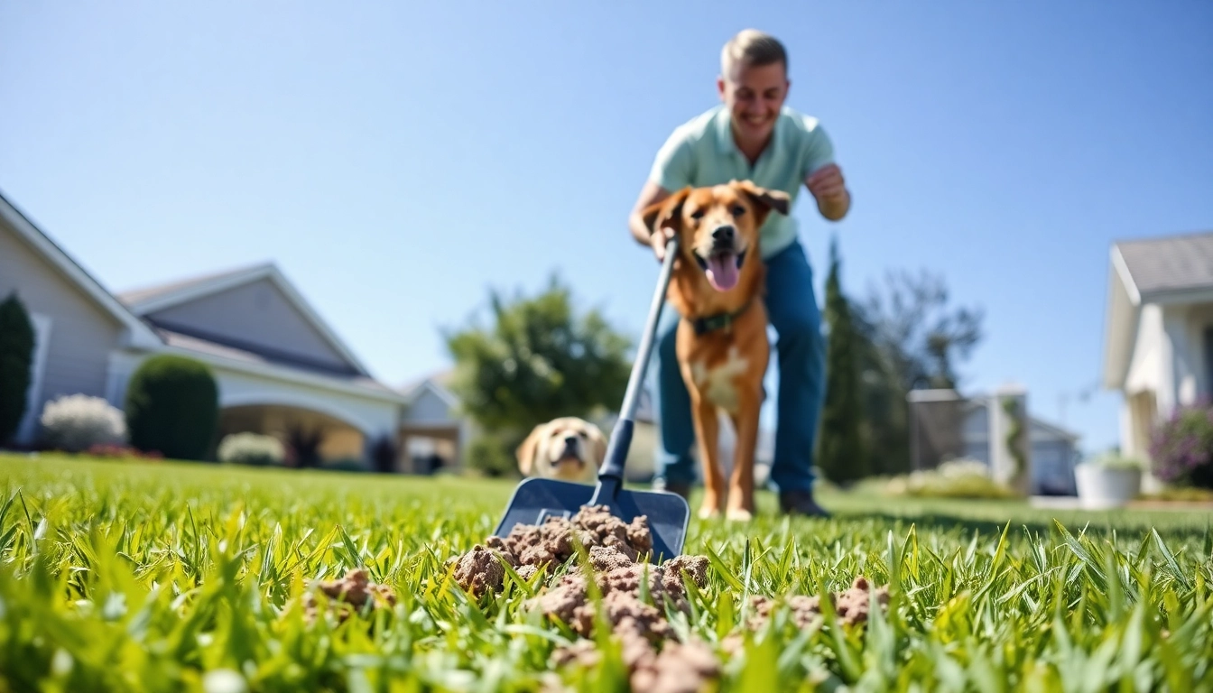 Dog poop cleaning service professional scooping waste from a well-maintained lawn.