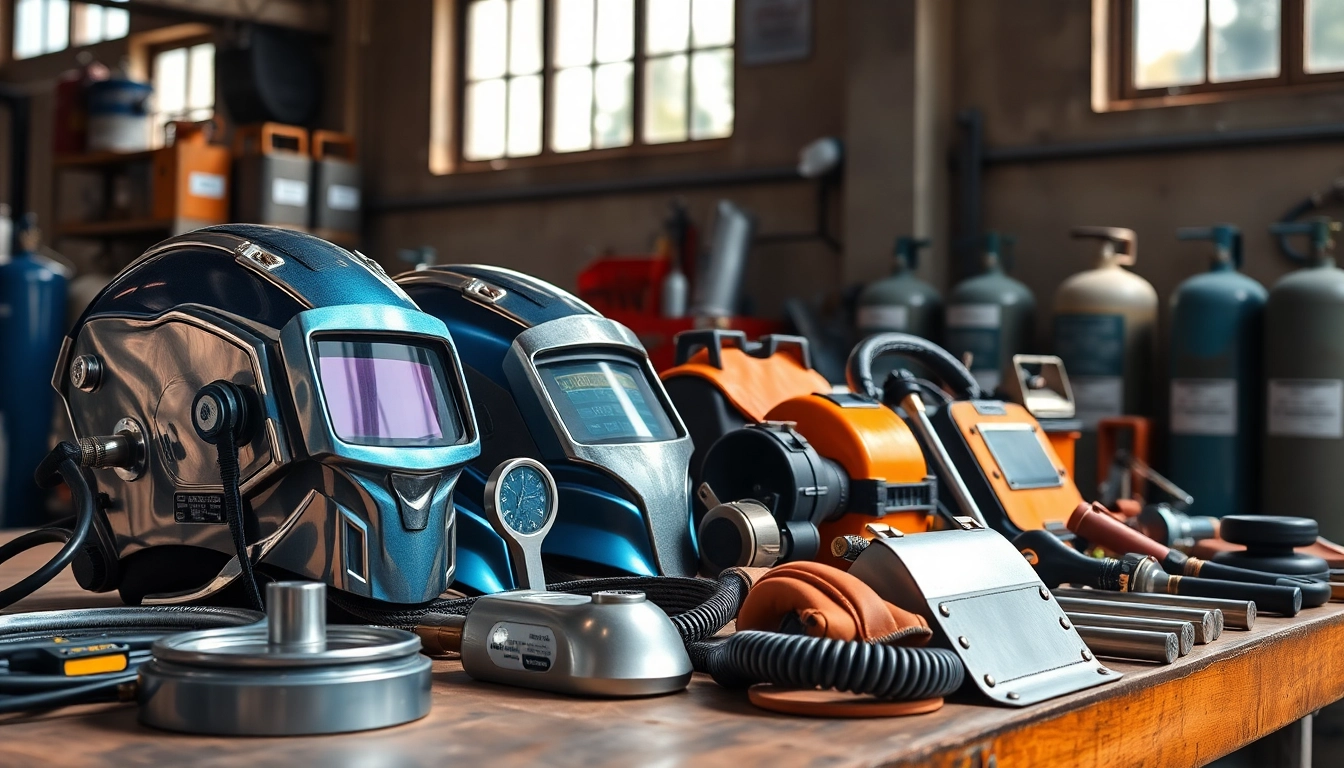 Shop for welding supplies near me in a professional workshop setup with tools and safety gear.