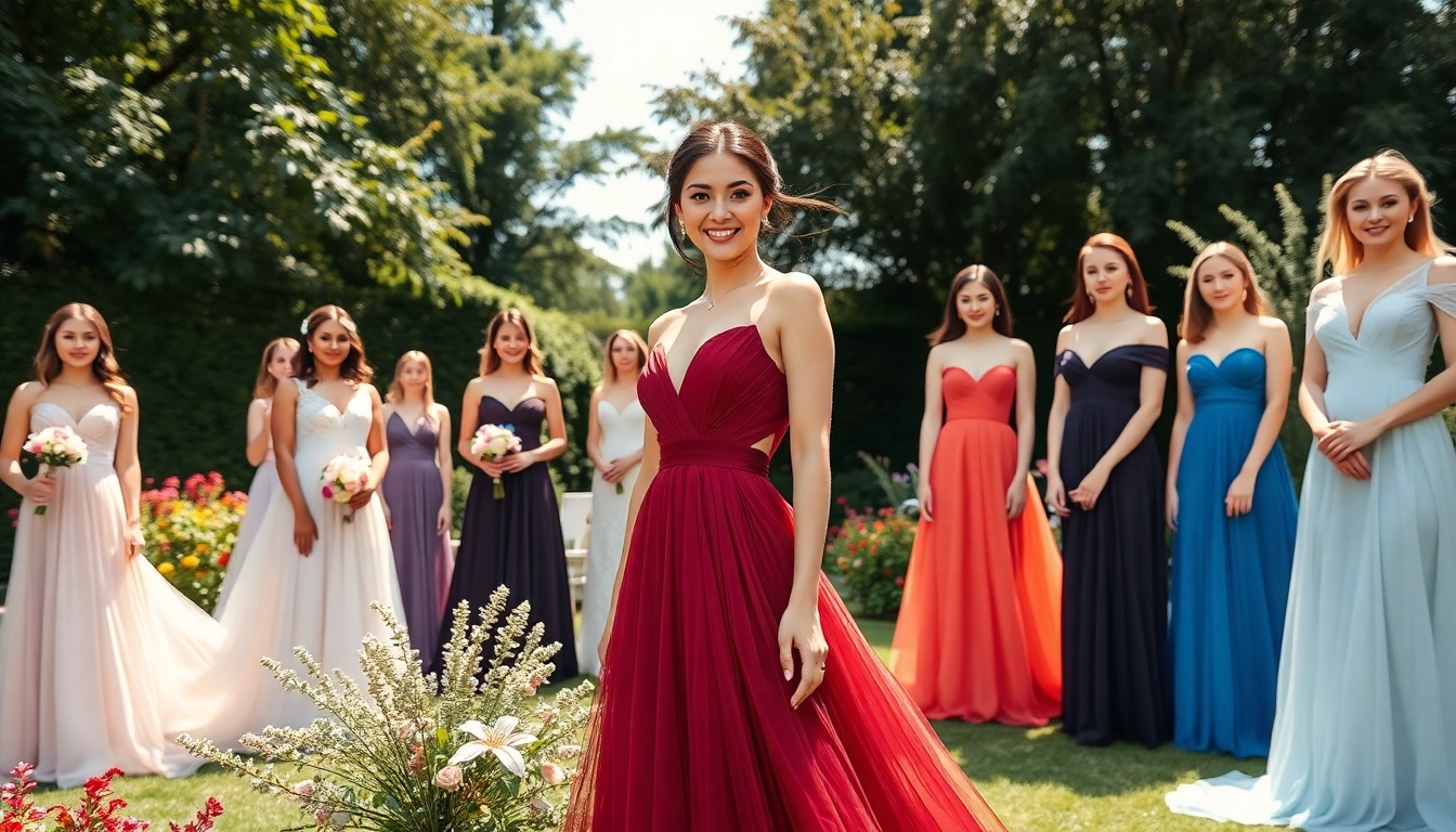 Brides showcasing various coloured wedding dresses in a beautiful outdoor garden setting.