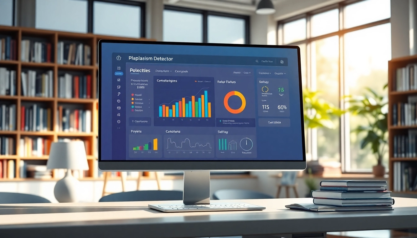 Analyze plagiarism with an advanced plagiarism detector interface displayed on a sleek monitor.