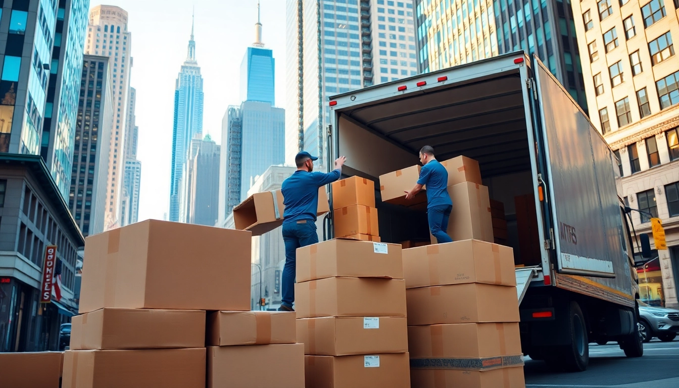 Movers nyc expertly handling furniture and boxes in a vibrant New York City environment.