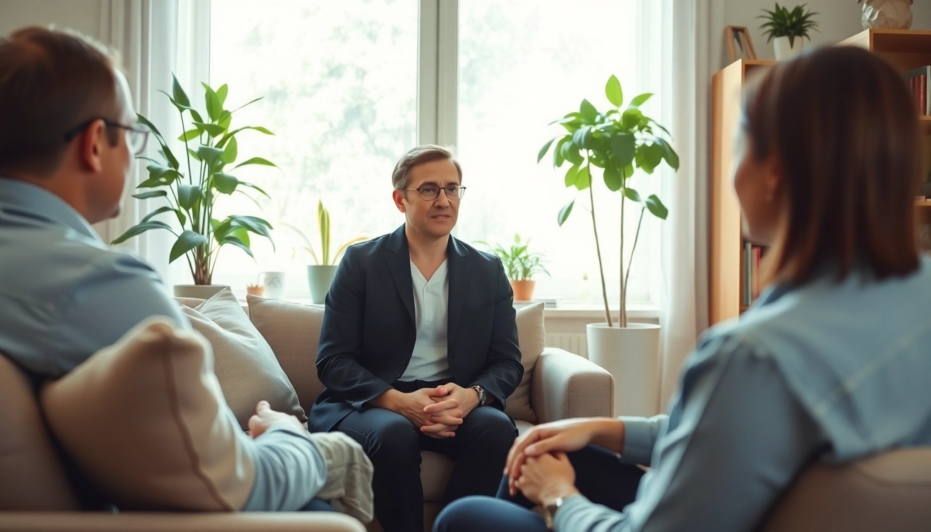 Therapist helping individuals dealing with stress in a calming counseling environment.