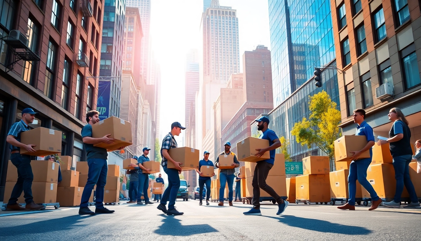 Movers nyc expertly handling boxes on a busy NYC street, showcasing teamwork and professionalism.