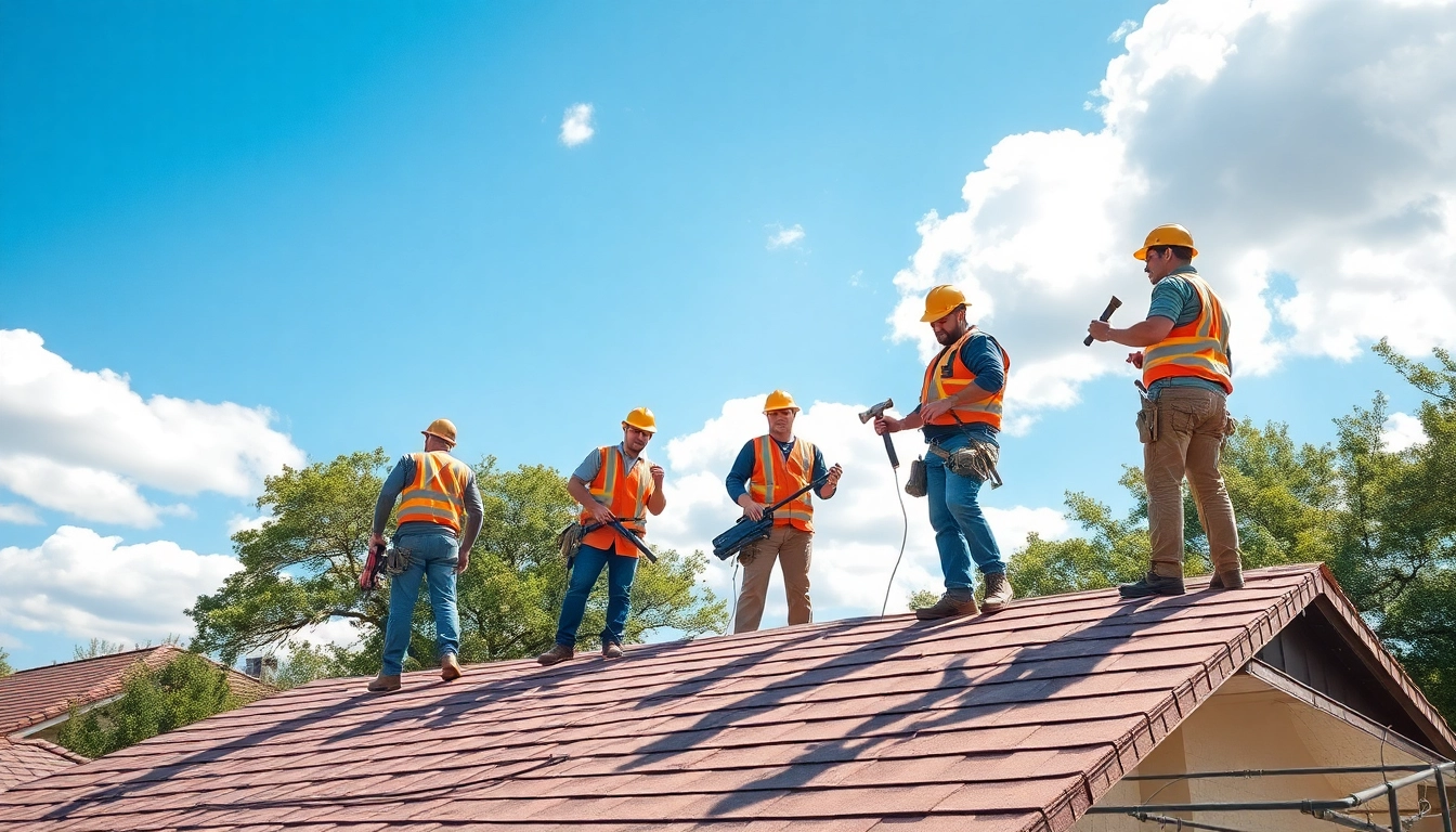 Licensed and insured roofers Austin performing a residential roof installation with safety gear and tools.