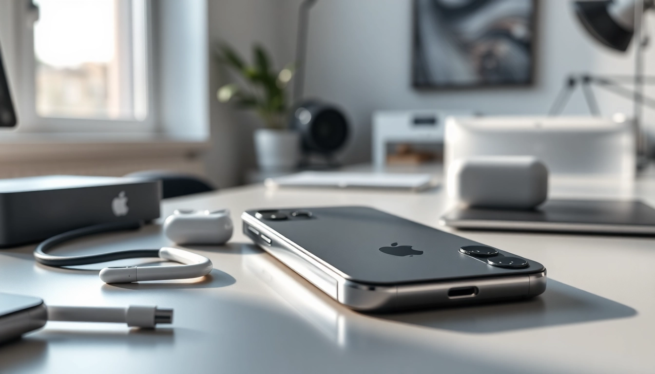 Buy iPhone Pro Max, showcasing a sleek design and premium accessories on a modern desk.