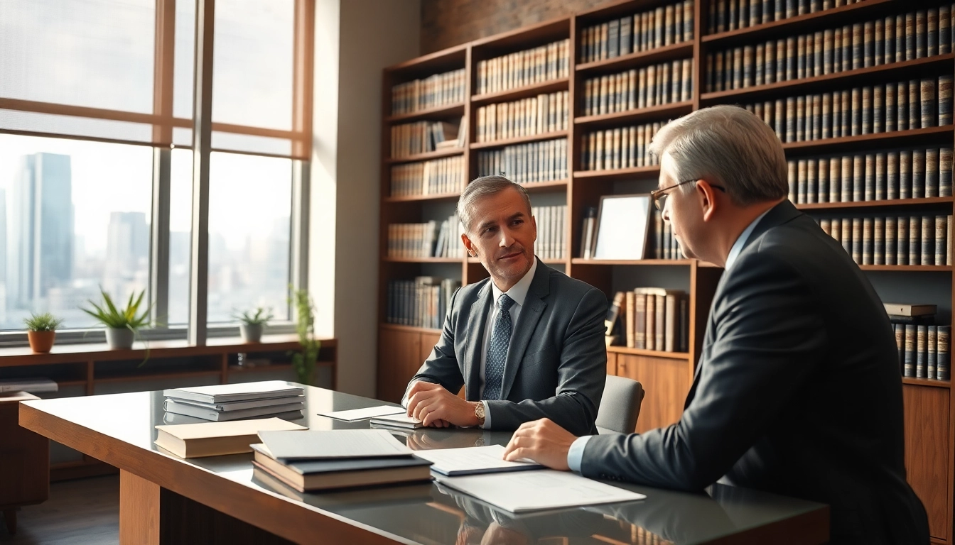 Intellectual property lawyer discussing legal matters in a modern office setting.