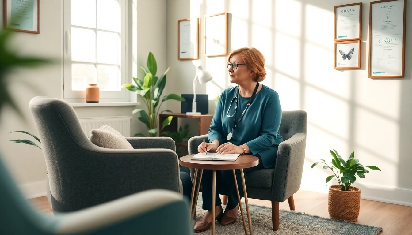 Engaged therapist offering insights as an attachment theory specialist in a comforting office space.