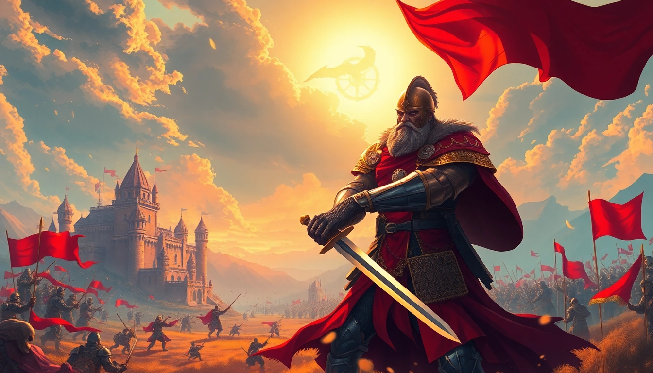 Warlords engage in epic battles, focusing on a brave warrior in armor with a sword.