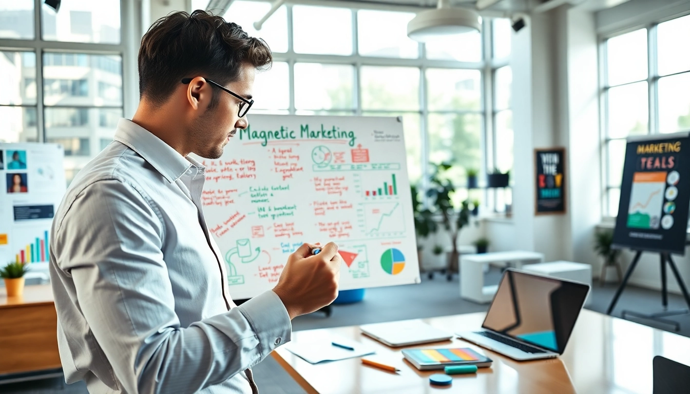 Engaging scene of Magnetic Marketing strategies being developed in a bright, inspiring office
