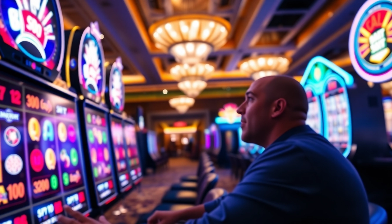 Menggambarkan pengalaman bermain situs slot batman138 dengan mesin slot penuh warna dan suasana kasino yang elegan.