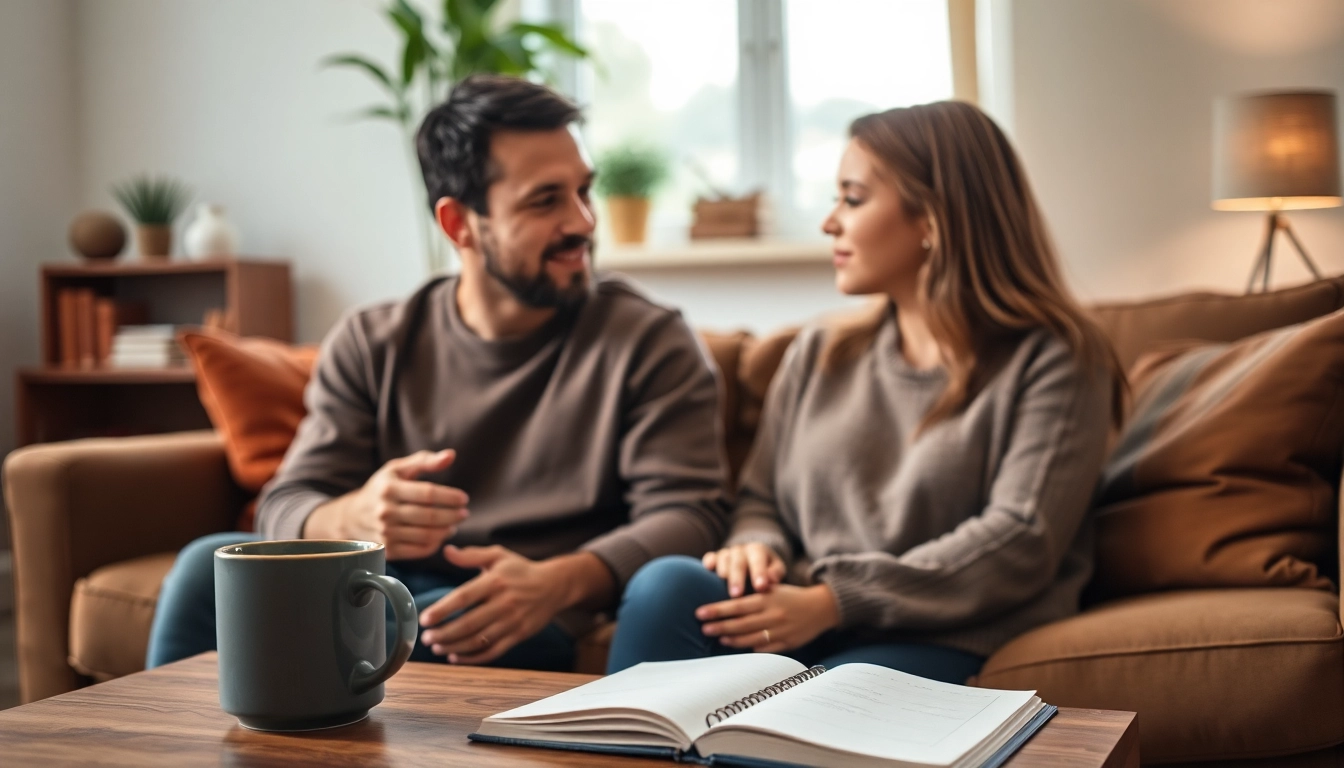Couple sharing heartfelt communication in relationships, fostering understanding in a cozy setting.