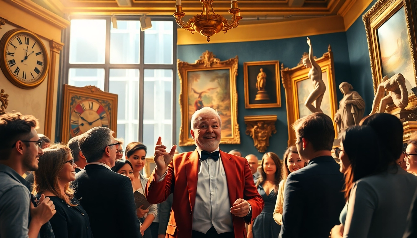Engaging auctioneer presenting high-end items on https://www.avtales.com in a vibrant setting.
