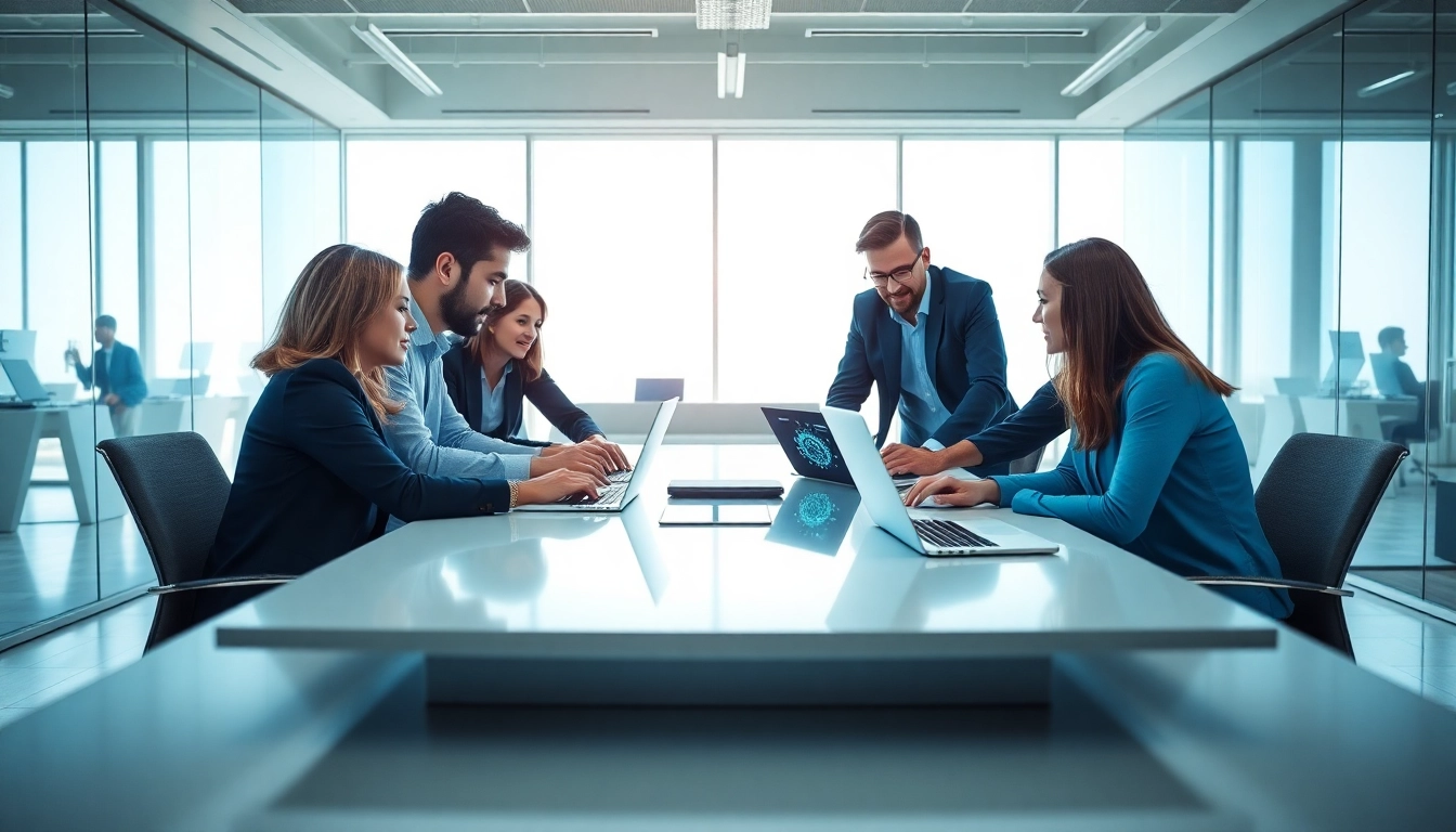 Managed IT provider team collaborating in a modern office setting, showcasing teamwork and technology.