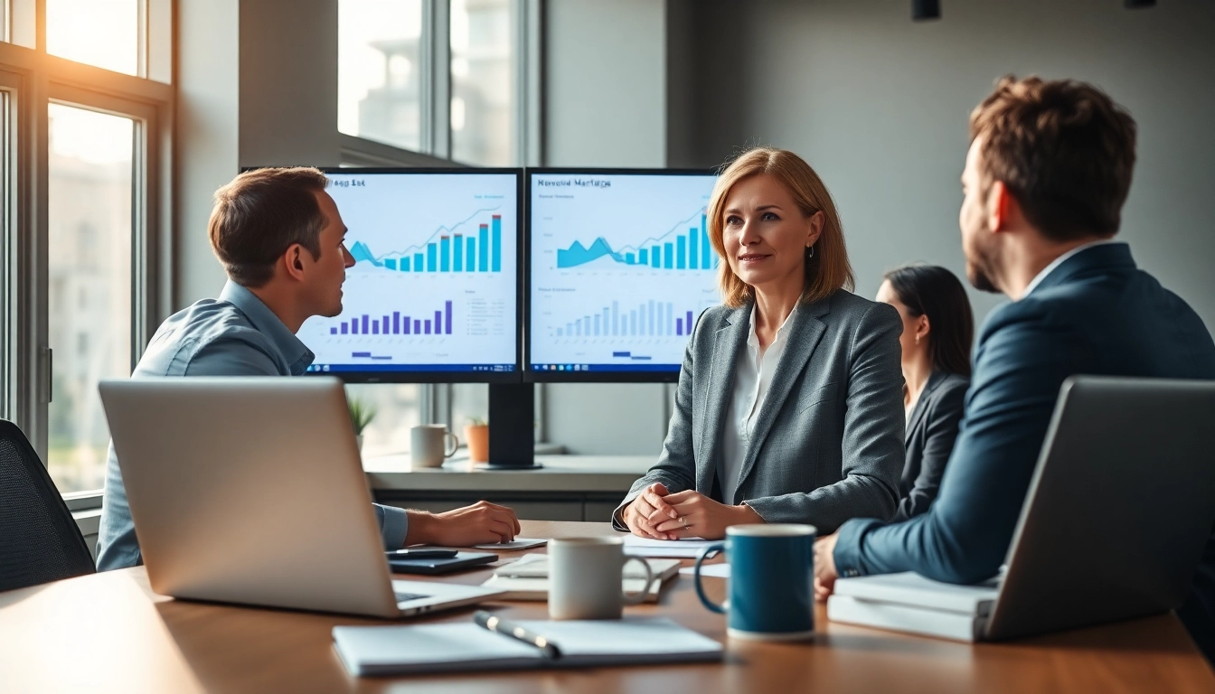 Analyze Edmonton SEO strategies with a consultant in a modern office setting.