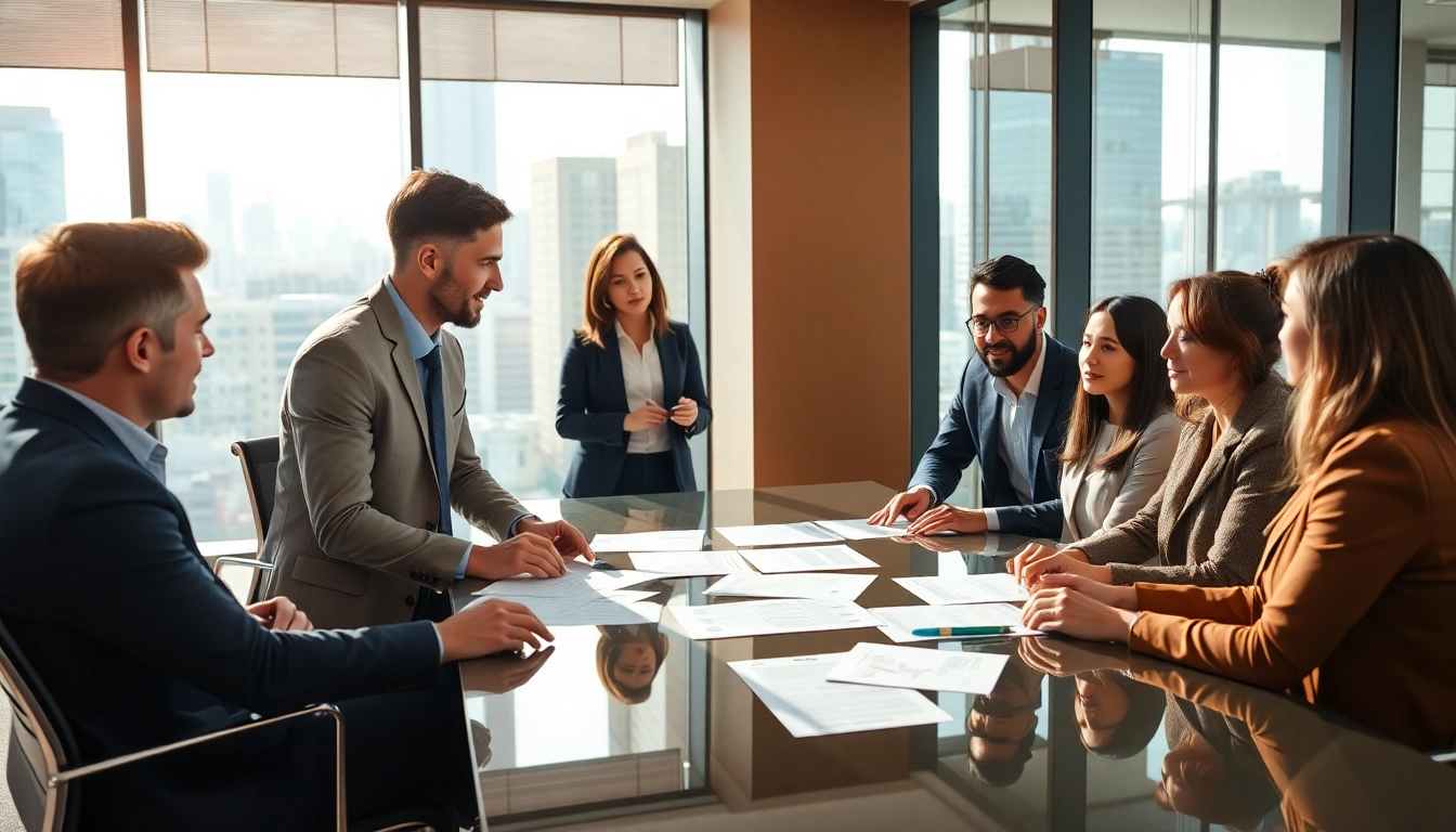 Intellectual property lawyer advising clients in a modern office, enhancing legal strategies and collaboration.