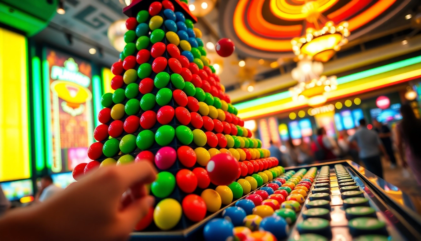 Main attraction of plinko slot game with vibrant pegs and an excited player dropping a ball