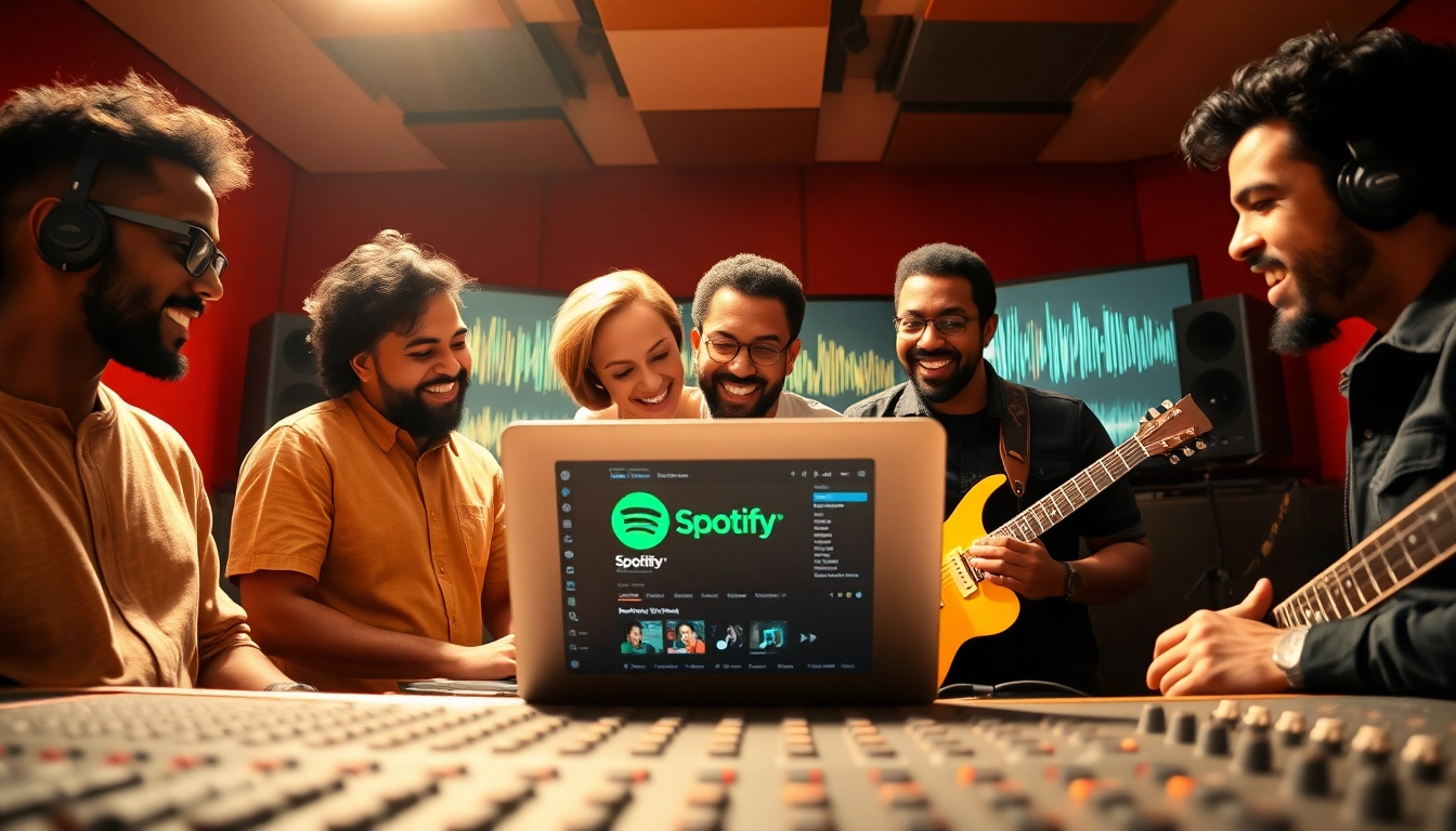 Boost your presence with an engaging scene for spotify promotion featuring musicians and technology.