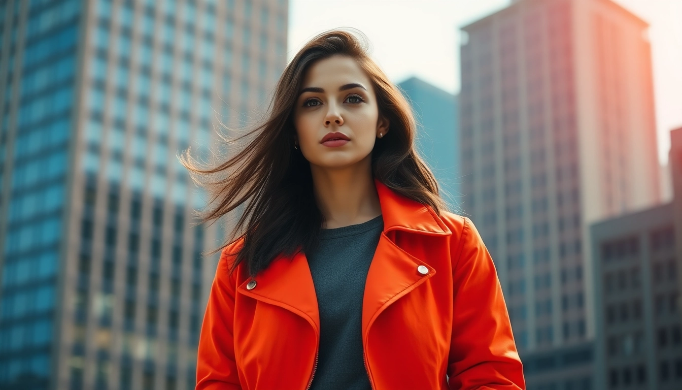 Model showcasing stylish jackets womens in an urban setting with vibrant colors.