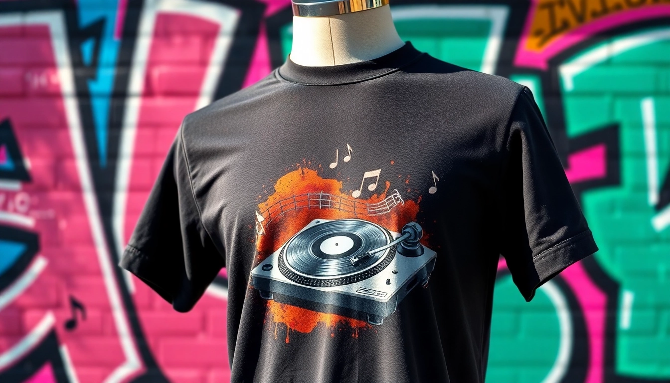 Shop this stylish turntable shirt showcasing a vintage turntable graphic against vibrant graffiti.