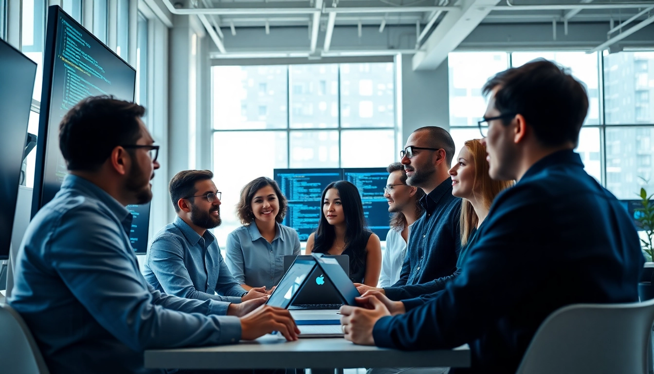 Site reliability engineering experts collaborating in a modern office setting with multiple screens.