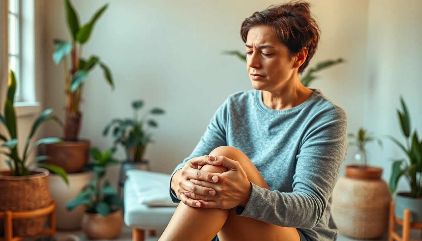 Person with Arthrose holding their knee in a peaceful therapy room.