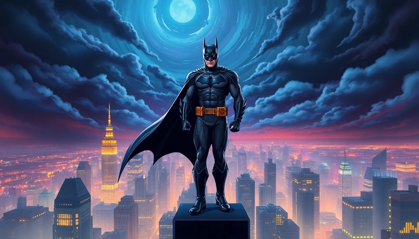 Kenali game batman138 bersama karakter superhero di atas skyline kota Gotham yang bercahaya.