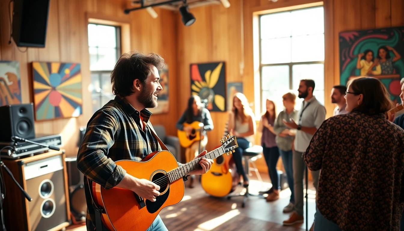 Engaging musician pitching their track in a vibrant studio setting, emphasizing music pitching