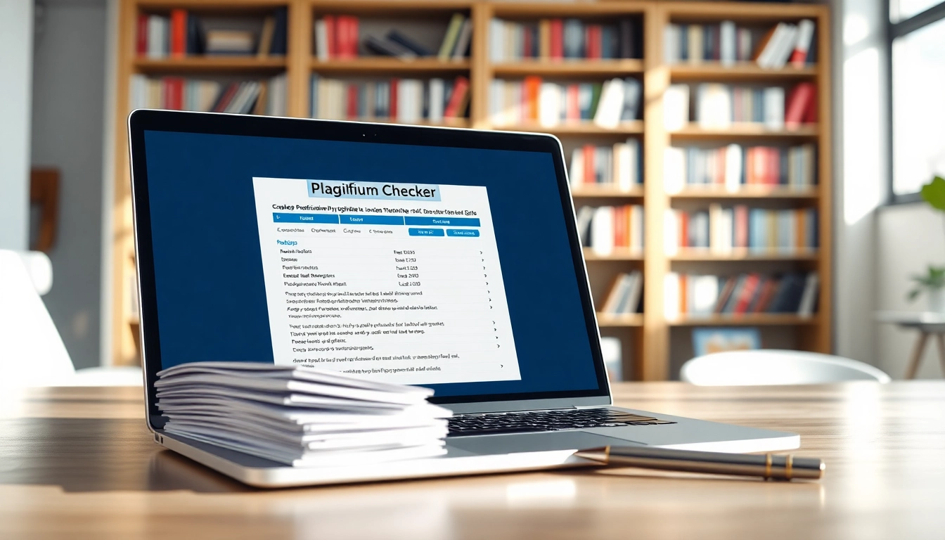 Use the plagiarism checker tool on a laptop screen surrounded by research papers.