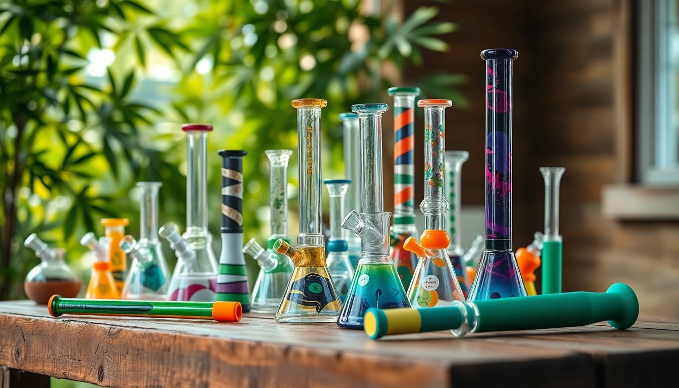 Showcasing colorful bongs with unique designs on a wooden table, highlighting their artistry.